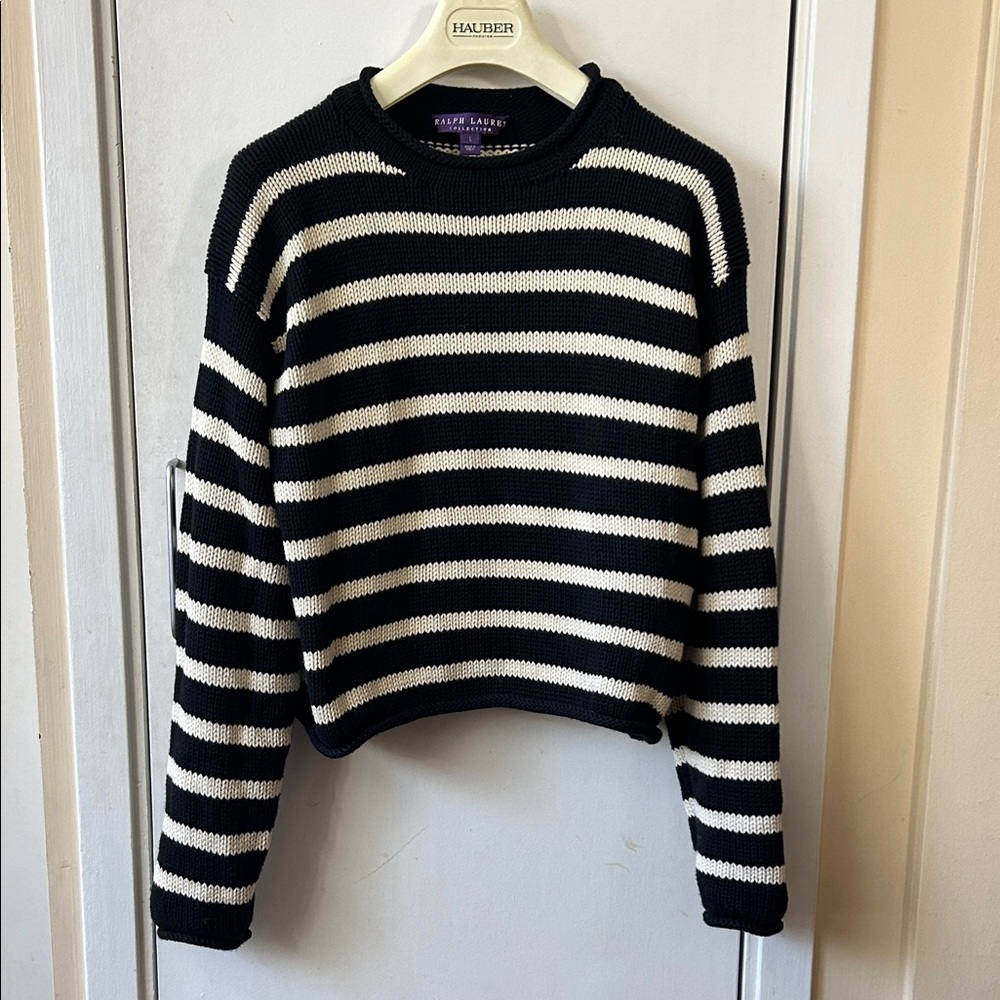 Ralph Lauren Purple Label Black and Cream Striped Crewneck Sweater L / M